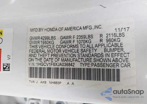 2018 Honda Accord Ex-L from USA, damaged, VIN 1HGCV1F6XJA036842